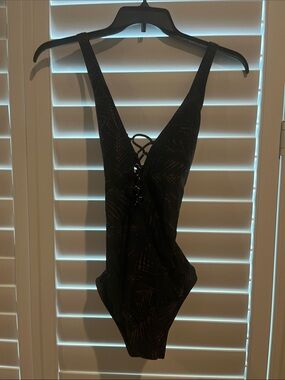 Michael Kors Black Palm-Print Lace-Up Deep V One-Piece